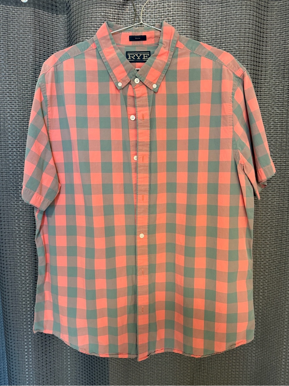 Rye Short-Sleeve Button-Down Check Shirt in Coral and Sage